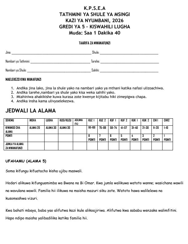 Page 1 – Grade 5 Kiswahili - Lugha August 2026 Holiday Assignment – Kenyaplex