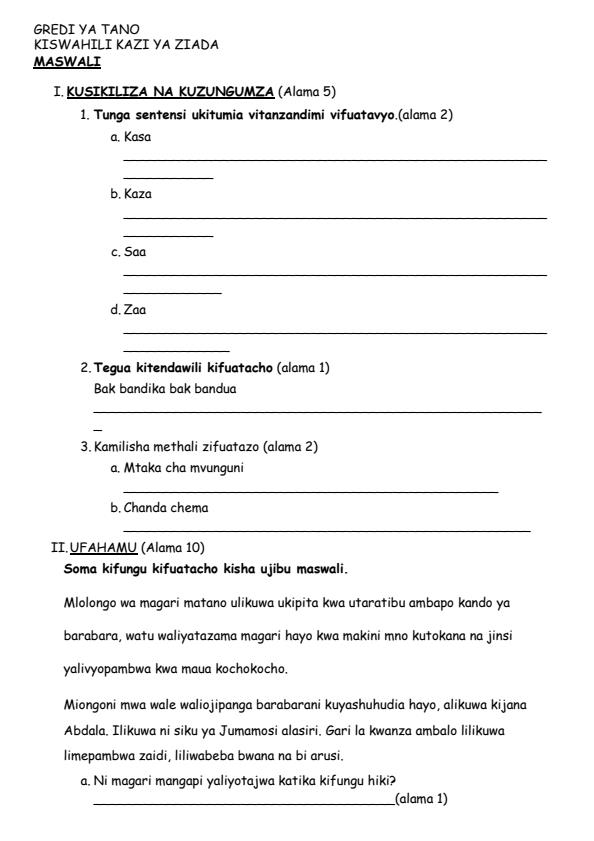 Page 1 – Grade 5 Kiswahili December 2024 Holiday Assignment – Kenyaplex