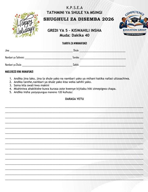 Page 1 – Grade 5 Kiswahili Insha December 2026 Holiday Assignment – Kenyaplex