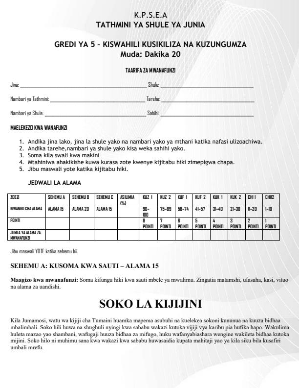 Page 1 – Grade 5 Kiswahili Kusikiliza na Kuzungumza December 2026 Holiday Assignment – Kenyaplex