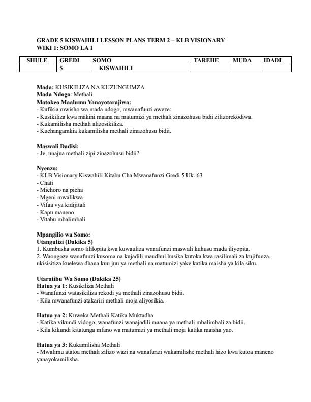 Page 1 – Grade 5 Kiswahili Lesson Plans Term 2 - KLB Visionary – Kenyaplex