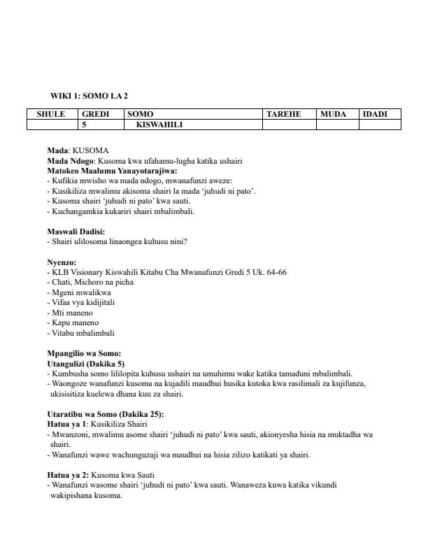 Page 3 – Grade 5 Kiswahili Lesson Plans Term 2 - KLB Visionary – Kenyaplex