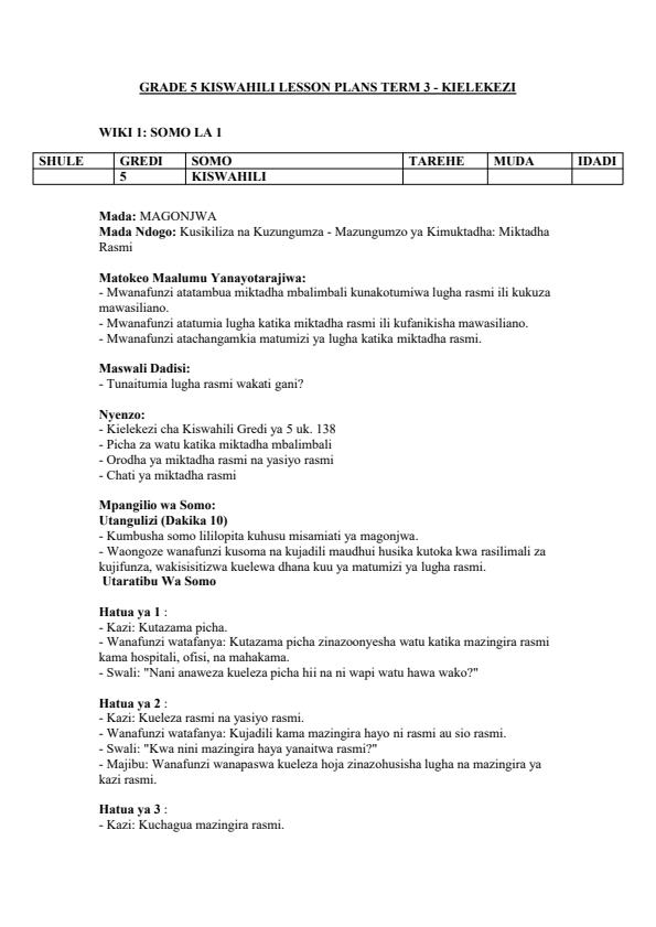Page 1 – Grade 5 Kiswahili Lesson Plans Term 3 - Kielekezi – Kenyaplex