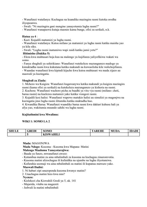 Page 2 – Grade 5 Kiswahili Lesson Plans Term 3 - Kielekezi – Kenyaplex