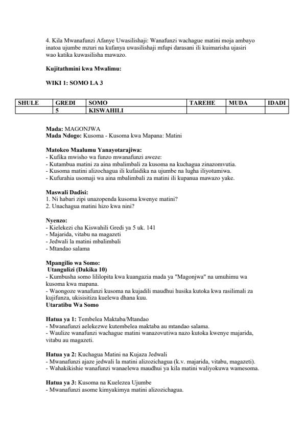 Page 4 – Grade 5 Kiswahili Lesson Plans Term 3 - Kielekezi – Kenyaplex