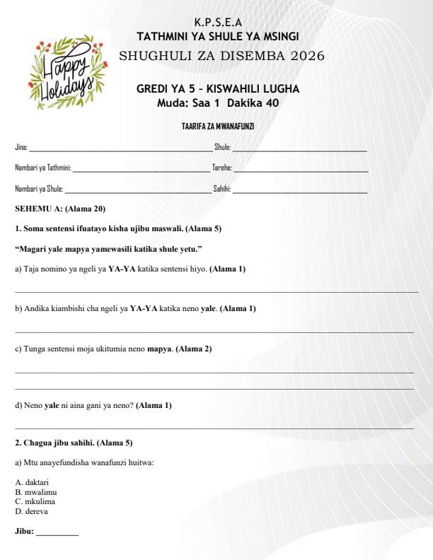 Page 1 – Grade 5 Kiswahili Lugha December 2026 Holiday Assignment – Kenyaplex