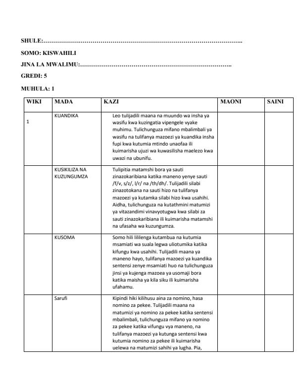 Page 1 – Grade 5 Kiswahili Records of Work Term 1 - KLB – Kenyaplex