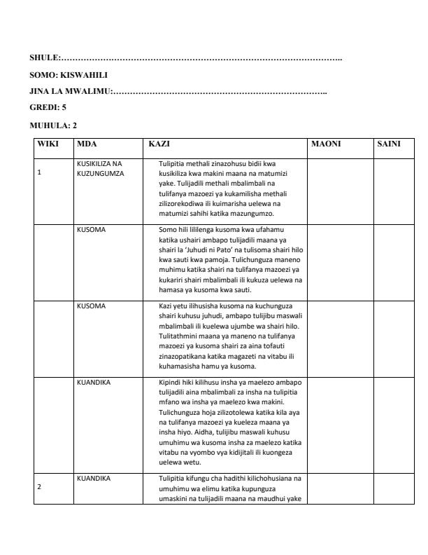 Page 1 – Grade 5 Kiswahili Records of Work Term 2 - KLB Visionary – Kenyaplex