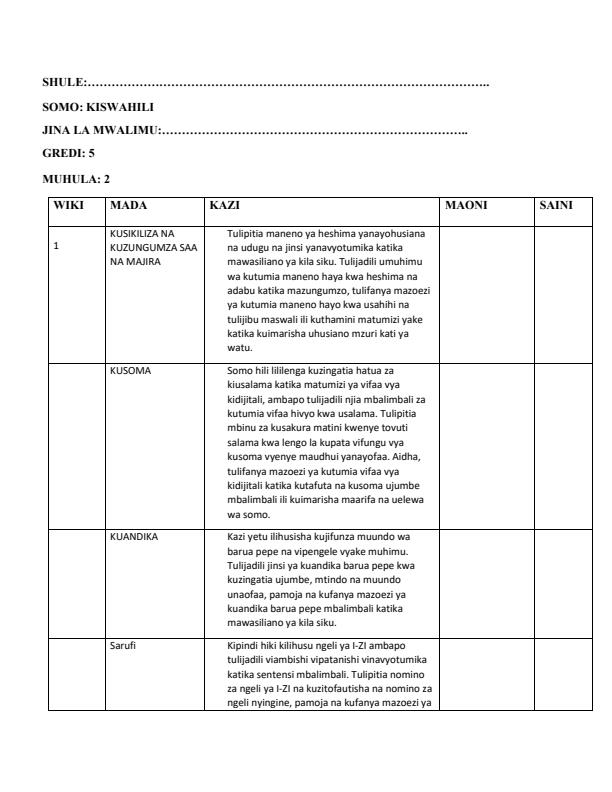 Page 1 – Grade 5 Kiswahili Records of Work Term 2 - Stadi za Kiswahili – Kenyaplex