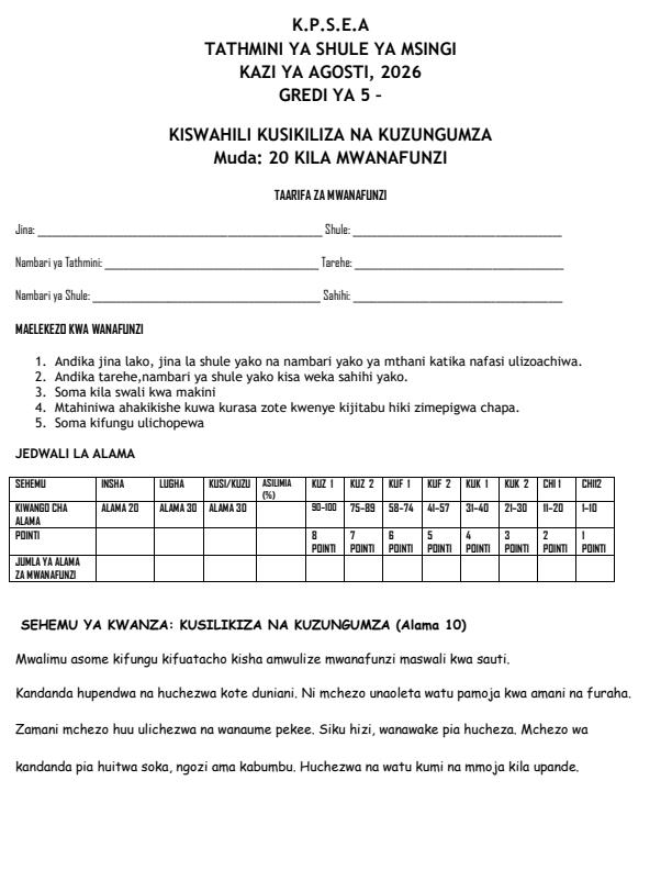 Page 1 – Grade 5 Kusikiliza na Kuzungumza August 2026 Holiday Assignment – Kenyaplex