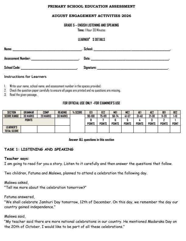 Page 1 – Grade 5 Listening and Speaking August 2026 Holiday Assignment – Kenyaplex