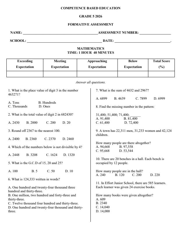 Page 1 – Grade 5 Mathematics April 2026 Holiday Assignment – Kenyaplex