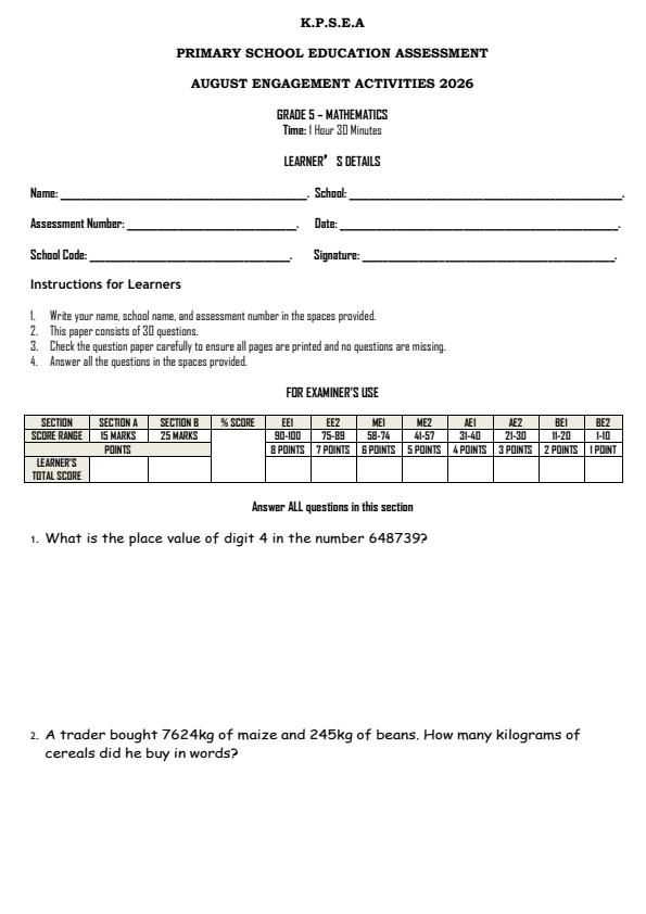 Page 1 – Grade 5 Mathematics August 2026 Holiday Assignment – Kenyaplex