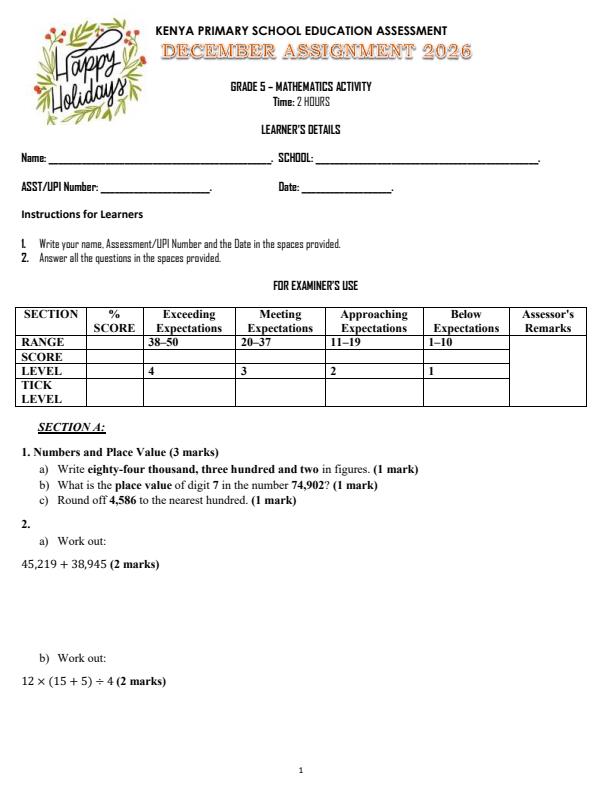 Page 1 – Grade 5 Mathematics December 2026 Holiday Assignment – Kenyaplex