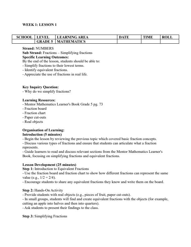 Page 1 – Grade 5 Mathematics Lesson Plans Term 2 - Mentor – Kenyaplex