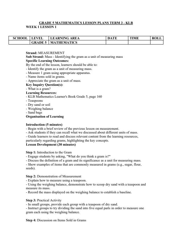 Page 1 – Grade 5 Mathematics Lesson Plans Term 3 - KLB – Kenyaplex
