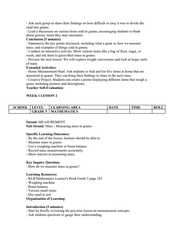 Page 2 – Grade 5 Mathematics Lesson Plans Term 3 - KLB – Kenyaplex