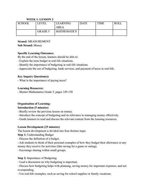 Page 3 – Grade 5 Mathematics Lesson Plans Term 3 - Mentor – Kenyaplex