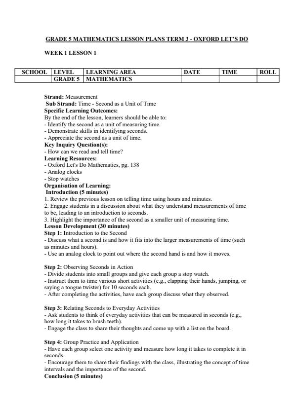 Page 1 – Grade 5 Mathematics Lesson Plans Term 3 - Oxford Let