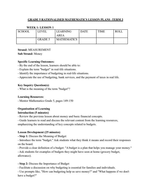 Page 1 – Grade 5 Mathematics Lesson Plans Term 3 - Rationalized – Kenyaplex