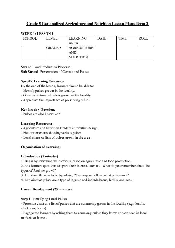 Page 1 – Grade 5 Rationalized Agriculture and Nutrition Lesson Plans Term 2 – Kenyaplex
