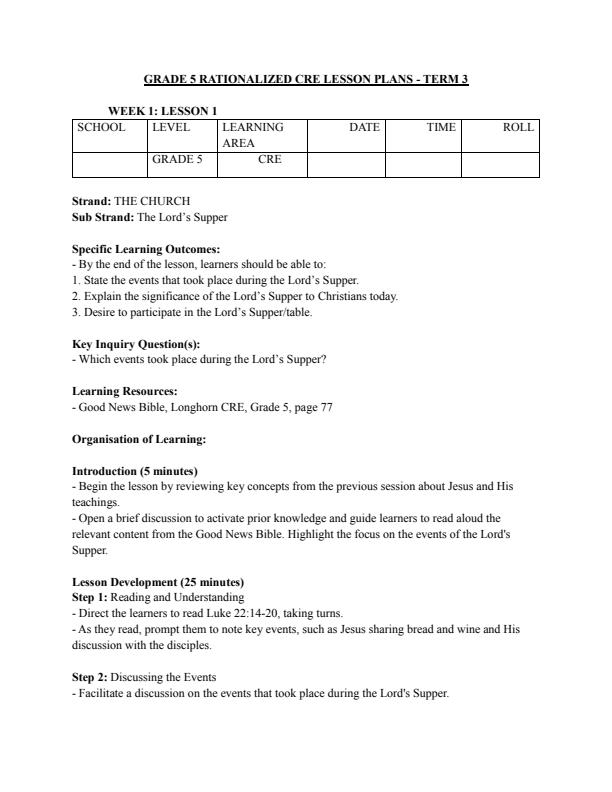 Page 1 – Grade 5 Rationalized CRE Lesson Plans Term 3 – Kenyaplex