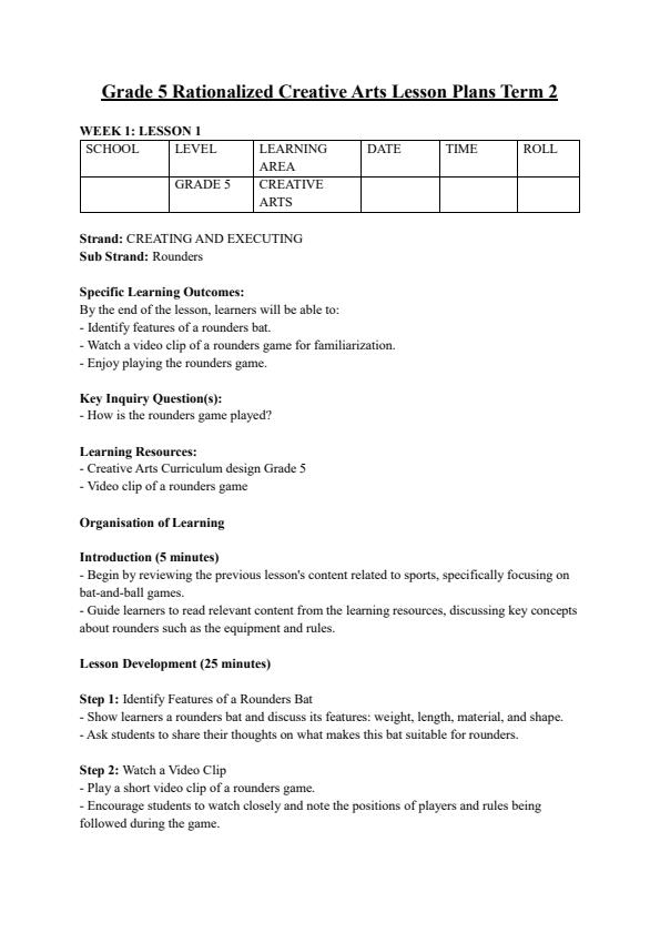 Page 1 – Grade 5 Rationalized Creative Arts and Sports Lesson Plans Term 2 – Kenyaplex