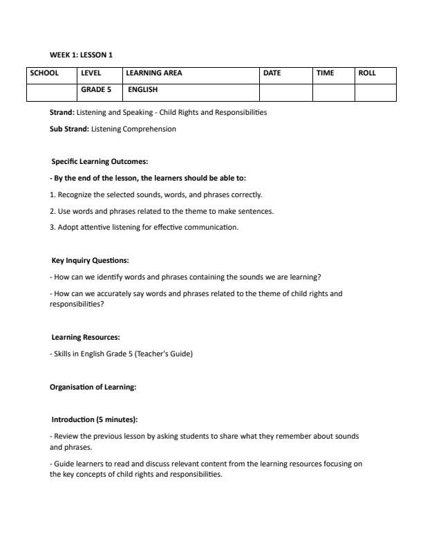 Page 1 – Grade 5 Rationalized English Lesson Plans Term 1 – Kenyaplex