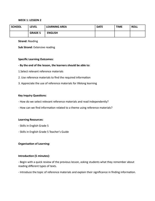 Page 4 – Grade 5 Rationalized English Lesson Plans Term 1 – Kenyaplex