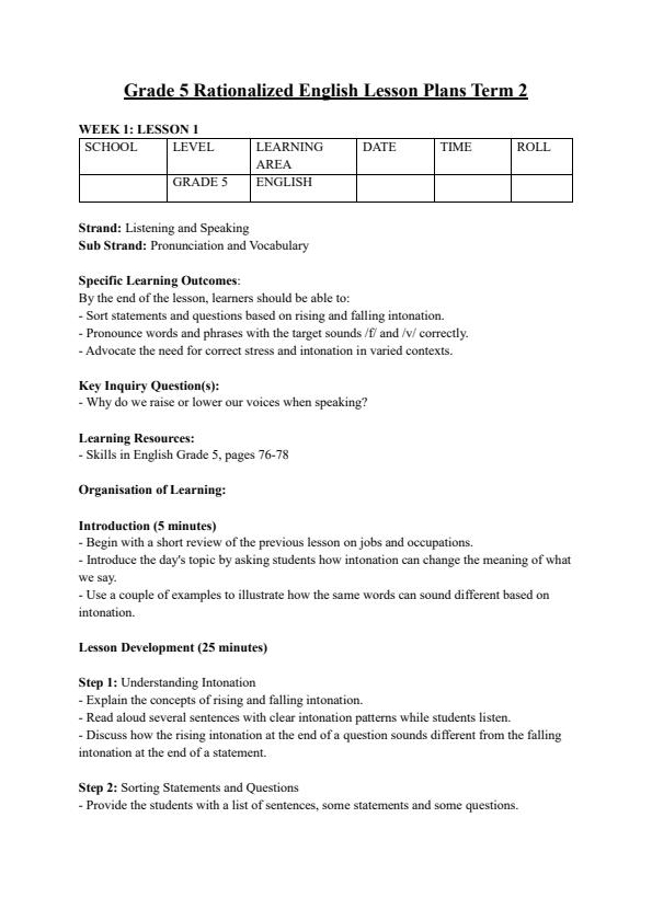 Page 1 – Grade 5 Rationalized English Lesson Plans Term 2 - Skills in English – Kenyaplex