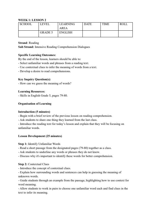 Page 3 – Grade 5 Rationalized English Lesson Plans Term 2 - Skills in English – Kenyaplex