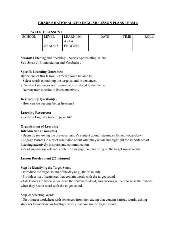 Page 1 – Grade 5 Rationalized English Lesson Plans Term 3 – Kenyaplex