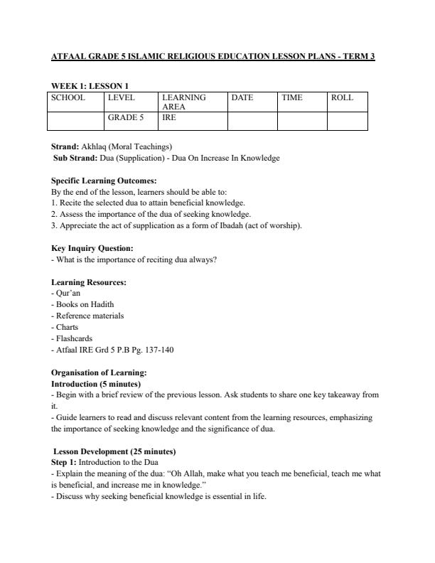 Page 1 – Grade 5 Rationalized IRE Lesson Plans Term 3 - Atfaal – Kenyaplex
