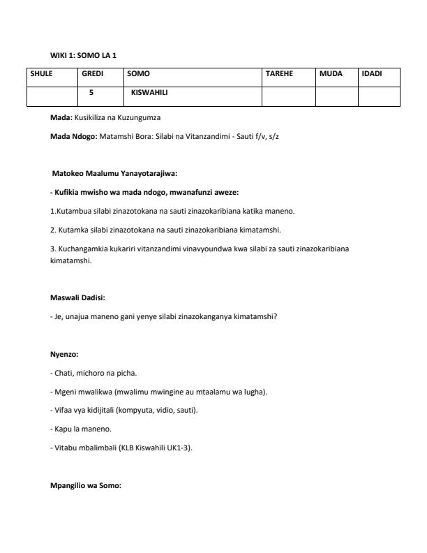 Page 1 – Grade 5 Rationalized Kiswahili Lesson Plans Term 1 – Kenyaplex