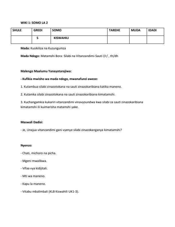 Page 4 – Grade 5 Rationalized Kiswahili Lesson Plans Term 1 – Kenyaplex
