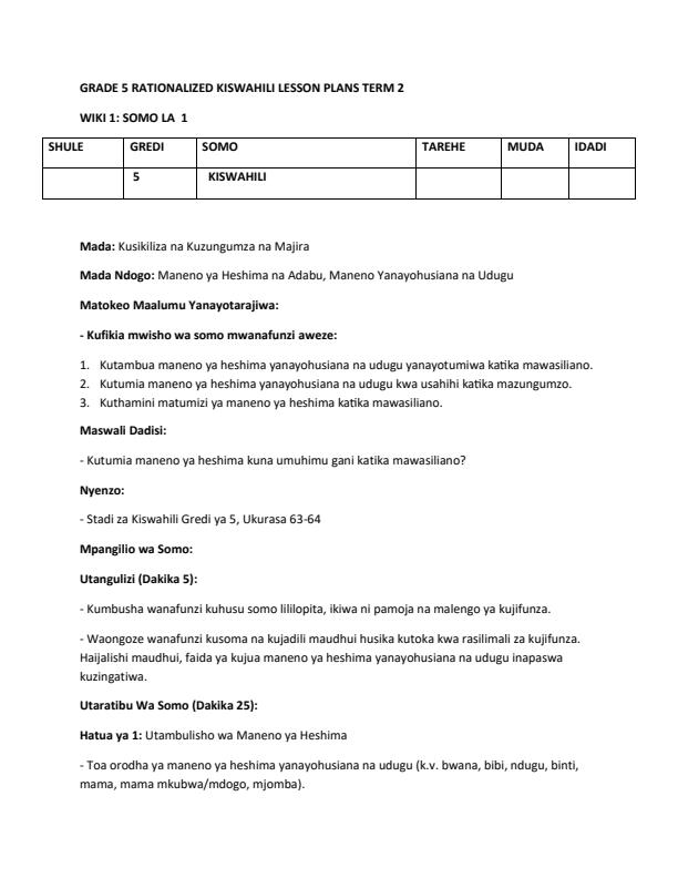 Page 1 – Grade 5 Rationalized Kiswahili Lesson Plans Term 2 - Stadi Za Kiswahili – Kenyaplex