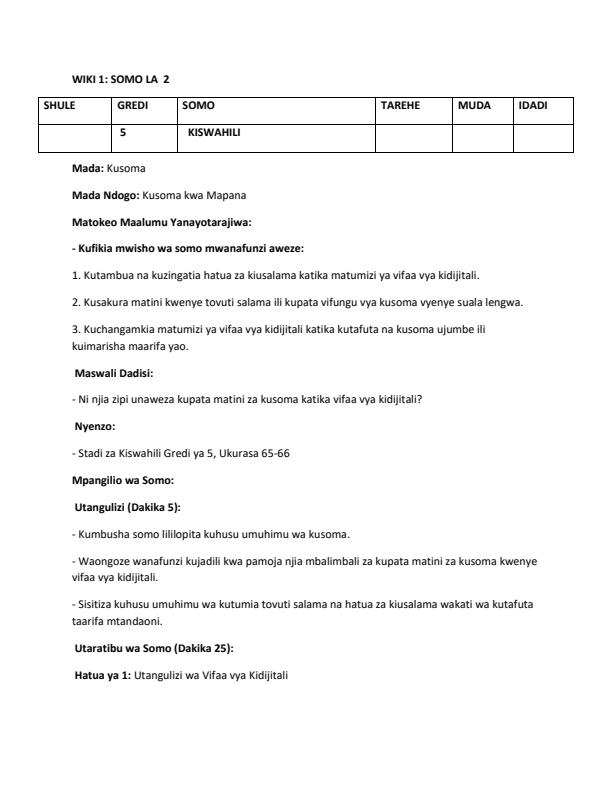 Page 4 – Grade 5 Rationalized Kiswahili Lesson Plans Term 2 - Stadi Za Kiswahili – Kenyaplex