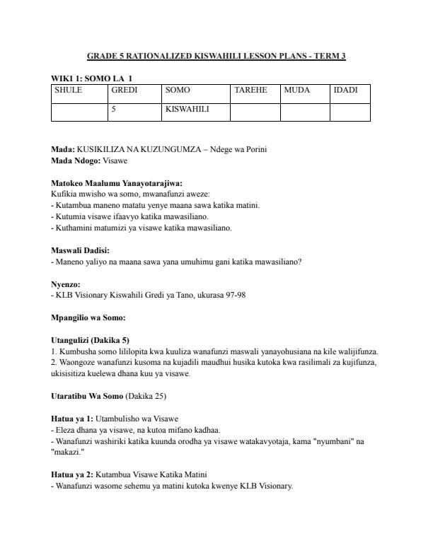 Page 1 – Grade 5 Rationalized Kiswahili Lesson Plans Term 3 - KLB Visionary – Kenyaplex