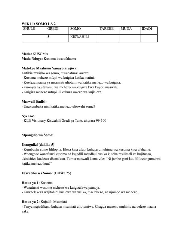 Page 3 – Grade 5 Rationalized Kiswahili Lesson Plans Term 3 – Kenyaplex