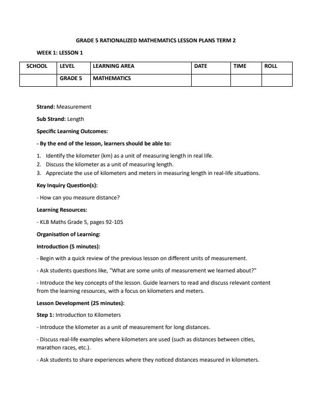 Page 1 – Grade 5 Rationalized Mathematics Lesson Plans Term 2 - KLB Visionary – Kenyaplex