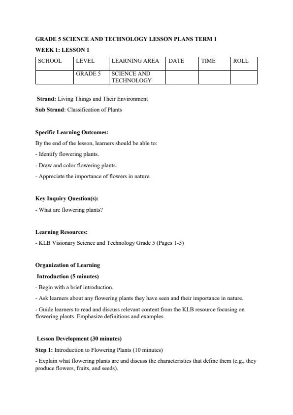Page 1 – Grade 5 Rationalized Science and Technology Lesson Plans Term 1 - KLB Visionary – Kenyaplex