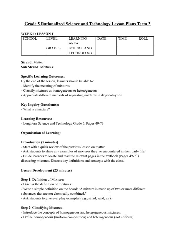 Page 1 – Grade 5 Rationalized Science and Technology Lesson Plans Term 2 - Longhorn – Kenyaplex