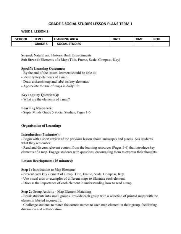 Page 1 – Grade 5 Rationalized Social Studies Lesson Plans Term 1 - Super Minds – Kenyaplex
