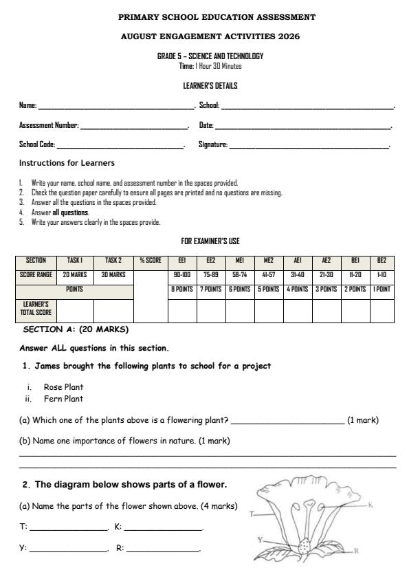 Page 1 – Grade 5 Science and Technology August 2026 Holiday Assignment – Kenyaplex