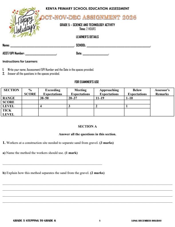 Page 1 – Grade 5 Science and Technology December 2026 Holiday Assignment  – Kenyaplex