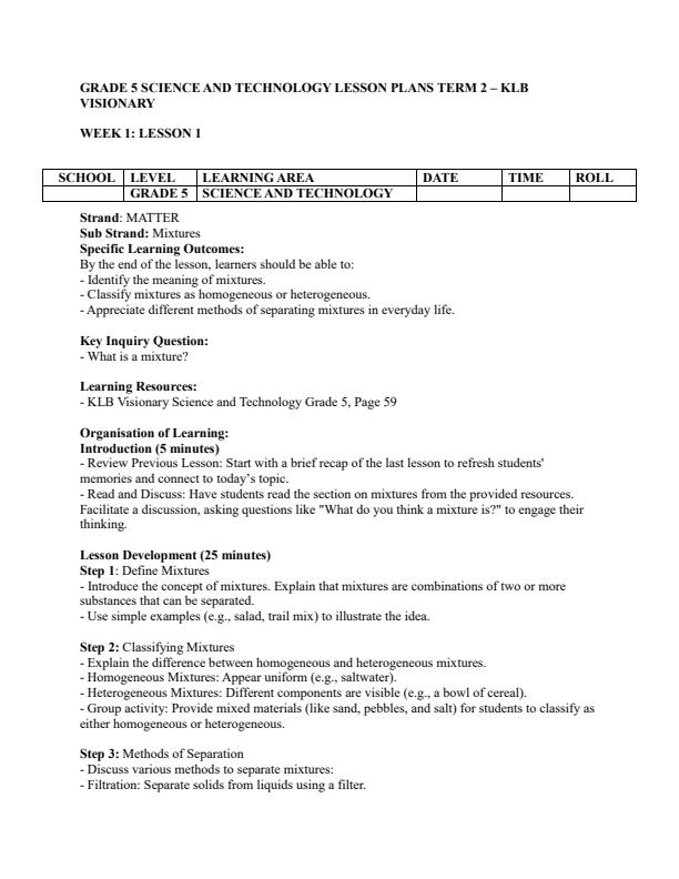 Page 1 – Grade 5 Science and Technology Lesson Plans Term 2 - KLB Visionary – Kenyaplex