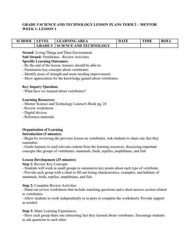 Page 1 – Grade 5 Science and Technology Lesson Plans Term 2 - Mentor – Kenyaplex