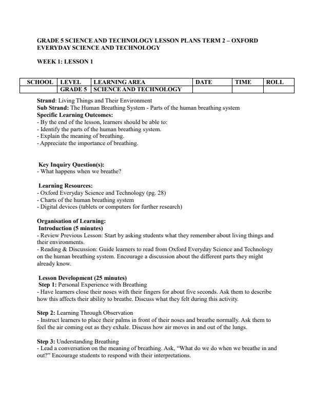 Page 1 – Grade 5 Science and Technology Lesson Plans Term 2 - Oxford Everyday Science and Technology – Kenyaplex
