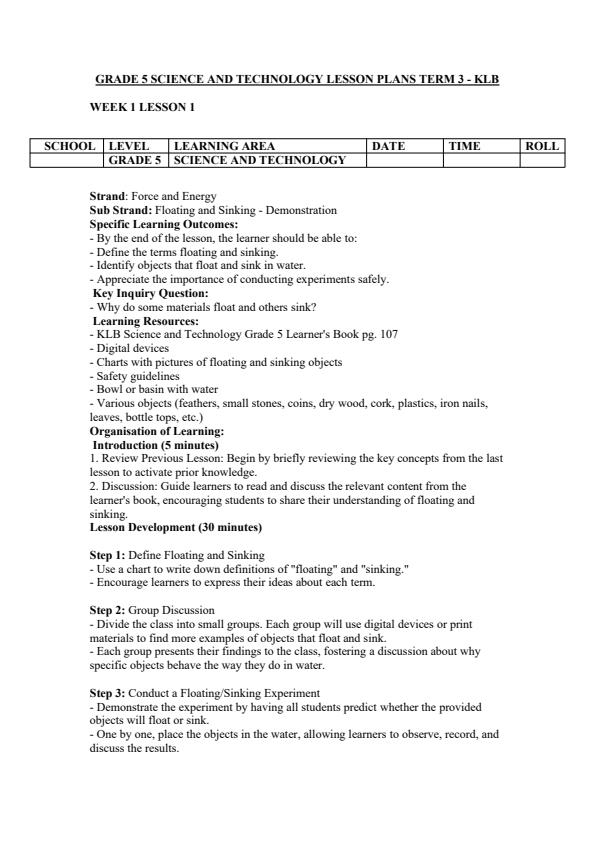 Page 1 – Grade 5 Science and Technology Lesson Plans Term 3 - KLB – Kenyaplex