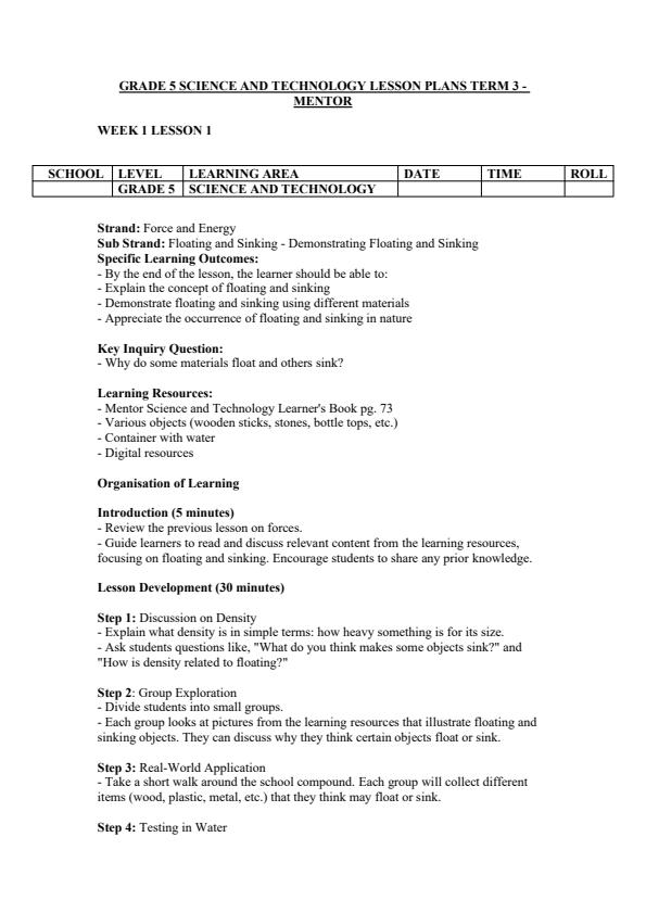 Page 1 – Grade 5 Science and Technology Lesson Plans Term 3 - Mentor – Kenyaplex